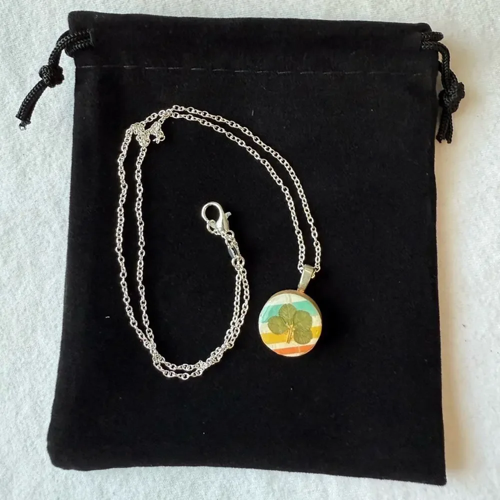 Hand-Crafted Real 4 Four Leaf Clover Bingo Piece Pendant Silver Plated Chain #23